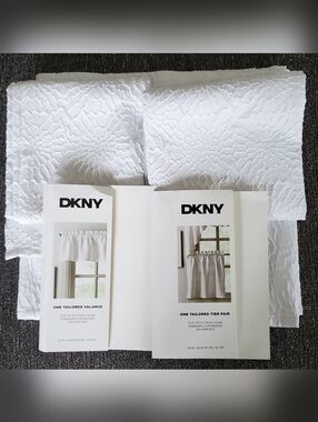 DKNY White Embossed Textured Curtain Set - Valance & Tiers NWT